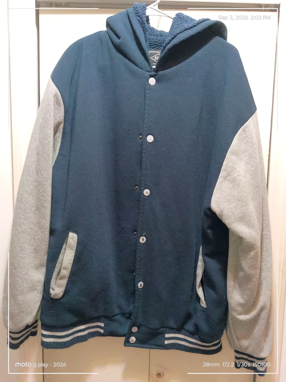Men's Hooded Bomber Jacket in Navy with Light Gray Sleeves